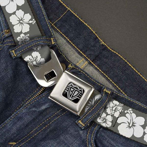 Buckle-Down BD Wings Logo CLOSE-UP Full Color Black Silver Seatbelt Belt - Hibiscus Gray/White Webbing
