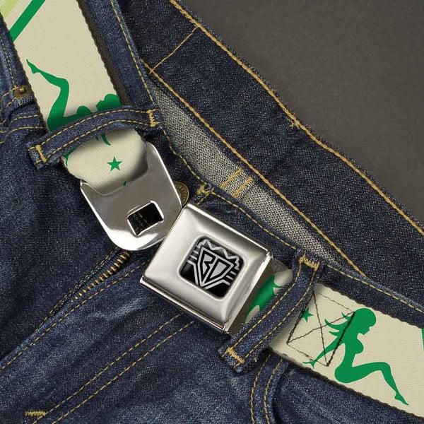 Buckle-Down BD Wings Logo CLOSE-UP Full Color Black Silver Seatbelt Belt - Mud Flap Girls W/Stripes Tan/Green/Lime Green Webbing