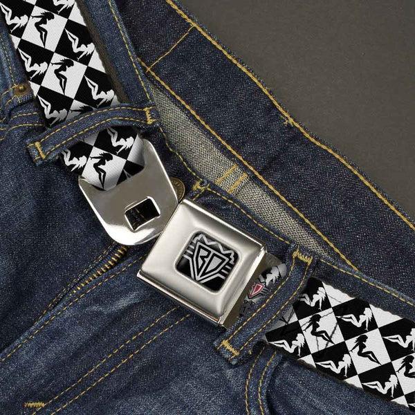 Buckle-Down BD Wings Logo CLOSE-UP Full Color Black Silver Seatbelt Belt - Mud Flap Girl Diamonds Black/White Webbing