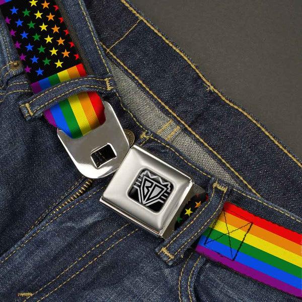 Buckle-Down BD Wings Logo CLOSE-UP Full Color Black Silver Seatbelt Belt - Flag American Pride Rainbow/Black Webbing