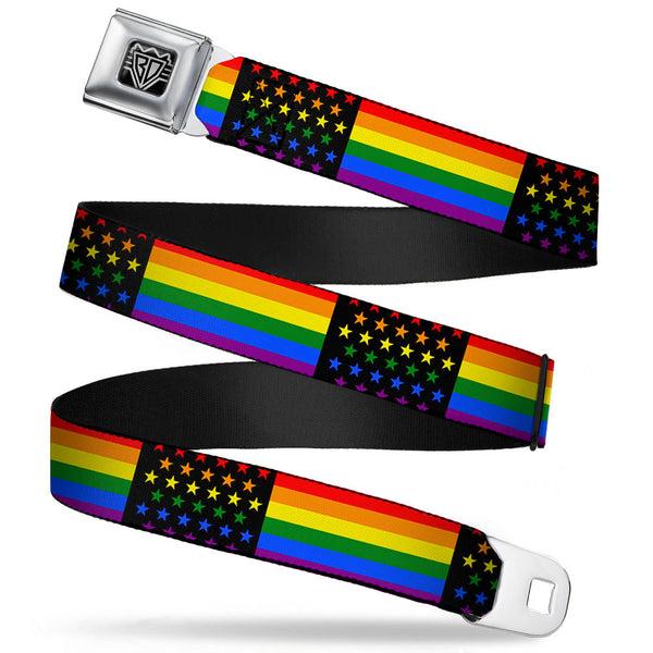 Buckle-Down BD Wings Logo CLOSE-UP Full Color Black Silver Seatbelt Belt - Flag American Pride Rainbow/Black Webbing