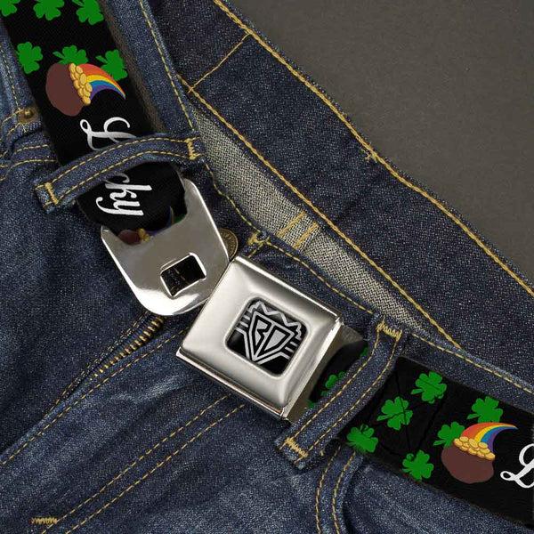 Buckle-Down BD Wings Logo CLOSE-UP Full Color Black Silver Seatbelt Belt - St. Pat's LUCKY Pot Of Gold/Shamrocks Scattered Black/Green/White Webbing