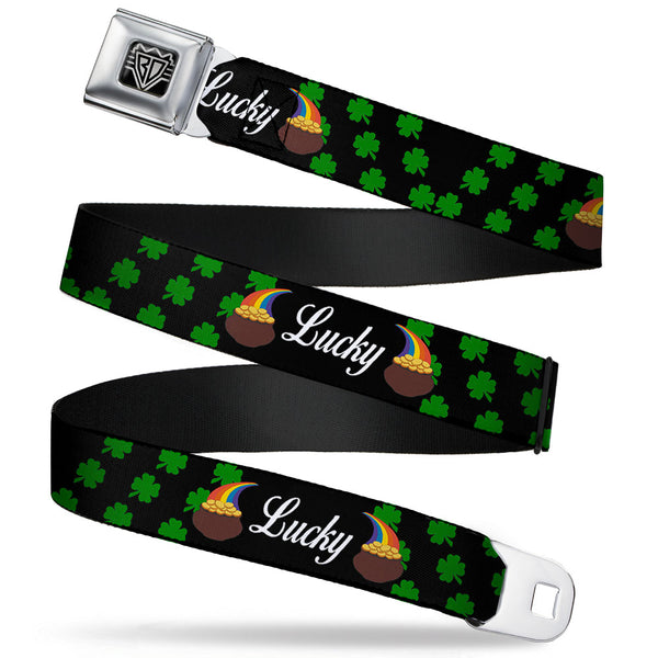Buckle-Down BD Wings Logo CLOSE-UP Full Color Black Silver Seatbelt Belt - St. Pat's LUCKY Pot of Gold/Shamrocks Scattered Black/Green/White Webbing