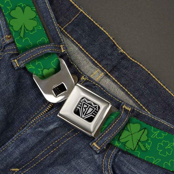 Buckle-Down BD Wings Logo CLOSE-UP Full Color Black Silver Seatbelt Belt - St. Pat's Clovers Scattered2 Outline/Solid Greens Webbing