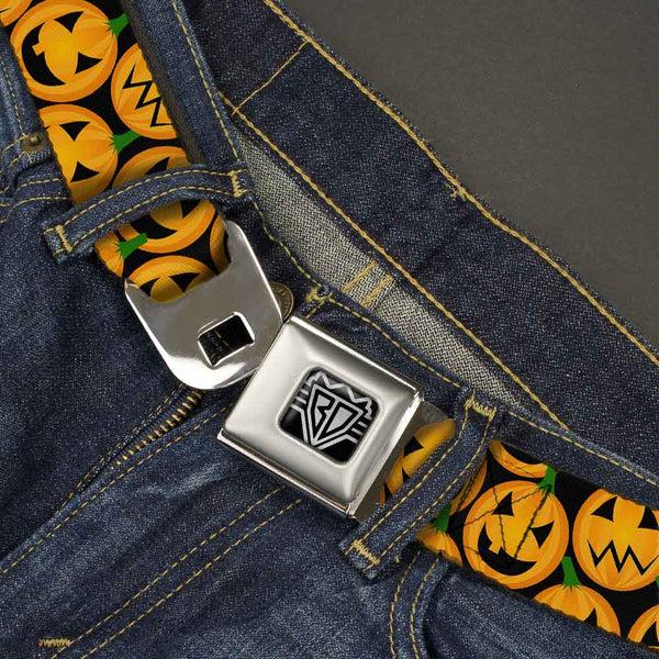 Buckle-Down BD Wings Logo CLOSE-UP Full Color Black Silver Seatbelt Belt - Jack-o'-Lantern Collage Black Webbing