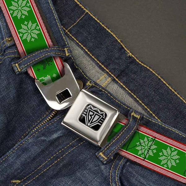 Buckle-Down BD Wings Logo CLOSE-UP Full Color Black Silver Seatbelt Belt - Christmas Stitch Moose/Snowflakes Red/Green Webbing