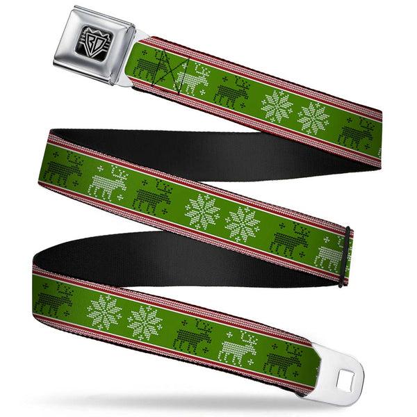 Buckle-Down BD Wings Logo CLOSE-UP Full Color Black Silver Seatbelt Belt - Christmas Stitch Moose/Snowflakes Red/Green Webbing