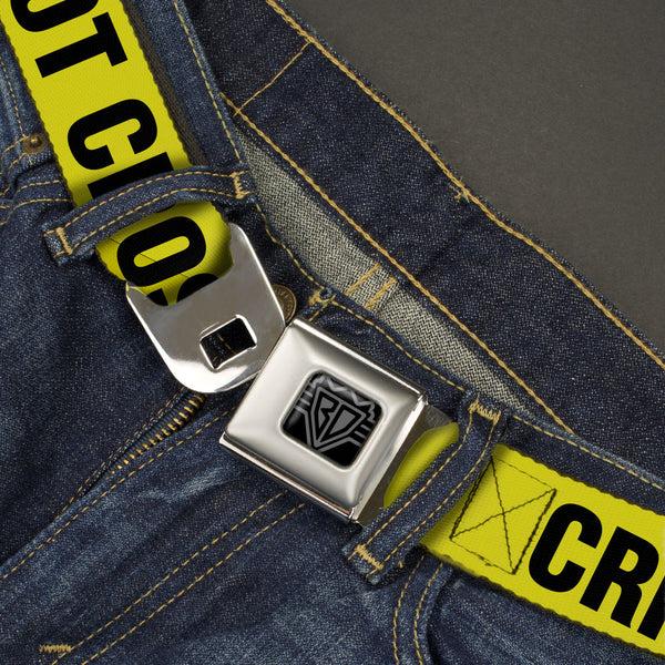 Buckle-Down BD Wings Logo CLOSE-UP Full Color Black Silver Seatbelt Belt - CRIME SCENE DO NOT CROSS Yellow/Black Webbing