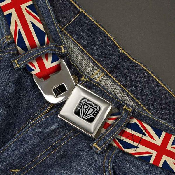Buckle-Down BD Wings Logo CLOSE-UP Full Color Black Silver Seatbelt Belt - Vintage United Kingdom Flags Webbing