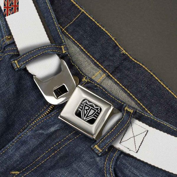 Buckle-Down BD Wings Logo CLOSE-UP Full Color Black Silver Seatbelt Belt - United Kingdom Flags Distressed Painting Webbing