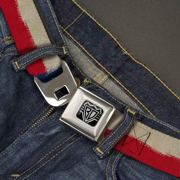 Buckle-Down BD Wings Logo CLOSE-UP Full Color Black Silver Seatbelt Belt - Texas Flag CLOSE-UP Distressed Painting Webbing