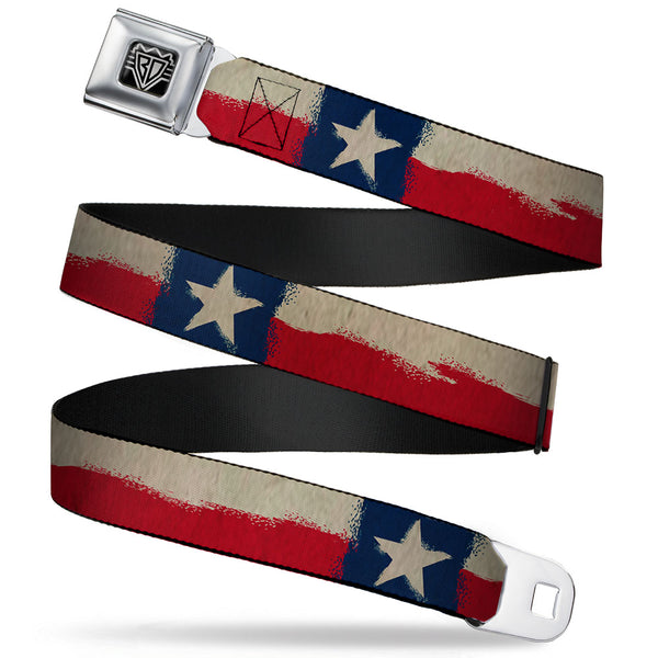 Buckle-Down BD Wings Logo CLOSE-UP Full Color Black Silver Seatbelt Belt - Texas Flag CLOSE-UP Distressed Painting Webbing
