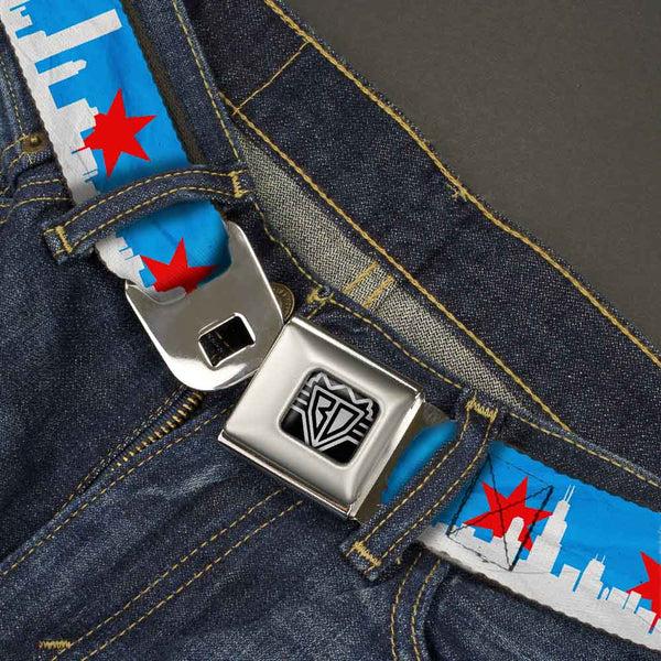 Buckle-Down BD Wings Logo CLOSE-UP Full Color Black Silver Seatbelt Belt - Chicago Skyline/Flag Distressed Black/White/Red Webbing
