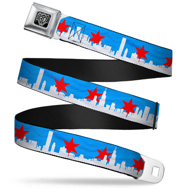 Buckle-Down BD Wings Logo CLOSE-UP Full Color Black Silver Seatbelt Belt - Chicago Skyline/Flag Distressed Black/White/Red Webbing