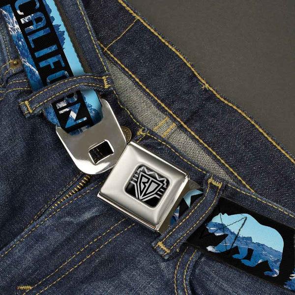 Buckle-Down BD Wings Logo CLOSE-UP Full Color Black Silver Seatbelt Belt - CALIFORNIA REPUBLIC/Bear/Stars Silhouette Black/Scenic Mountains Webbing