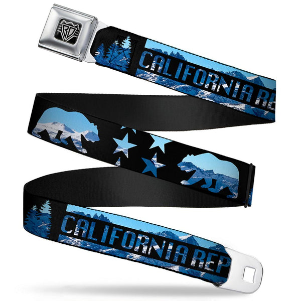 Buckle-Down BD Wings Logo CLOSE-UP Full Color Black Silver Seatbelt Belt - CALIFORNIA REPUBLIC/Bear/Stars Silhouette Black/Scenic Mountains Webbing