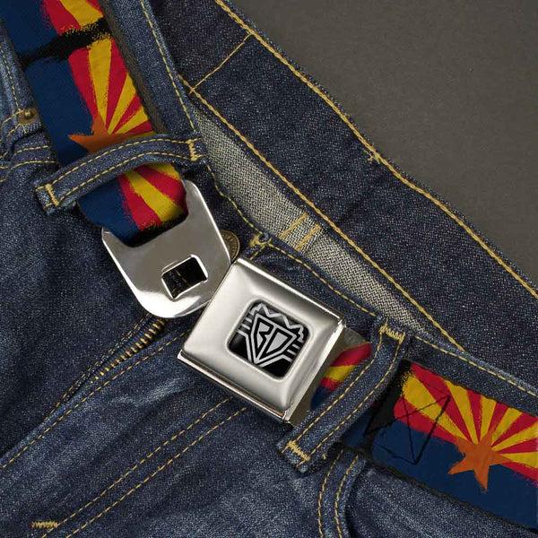 Buckle-Down BD Wings Logo CLOSE-UP Full Color Black Silver Seatbelt Belt - Arizona Flag Distressed Painting Webbing