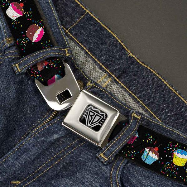 Buckle-Down BD Wings Logo CLOSE-UP Full Color Black Silver Seatbelt Belt - Cupcake Sprinkles Black/Multi Color Webbing