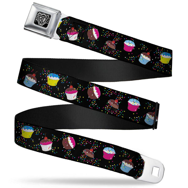 Buckle-Down BD Wings Logo CLOSE-UP Full Color Black Silver Seatbelt Belt - Cupcake Sprinkles Black/Multi Color Webbing