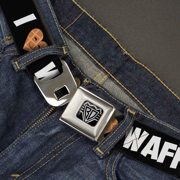 Buckle-Down BD Wings Logo CLOSE-UP Full Color Black Silver Seatbelt Belt - I Heart Waffles Text Webbing