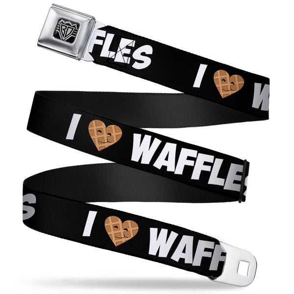 Buckle-Down BD Wings Logo CLOSE-UP Full Color Black Silver Seatbelt Belt - I Heart Waffles Text Webbing