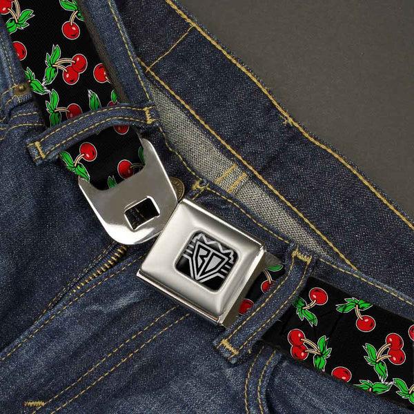Buckle-Down BD Wings Logo CLOSE-UP Full Color Black Silver Seatbelt Belt - Cherries Scattered Black Webbing