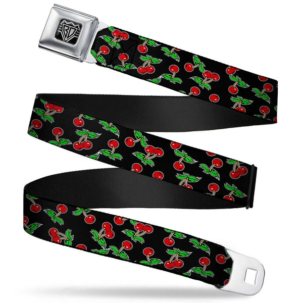 Buckle-Down BD Wings Logo CLOSE-UP Full Color Black Silver Seatbelt Belt - Cherries Scattered Black Webbing