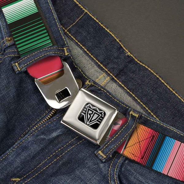 Buckle-Down BD Wings Logo CLOSE-UP Full Color Black Silver Seatbelt Belt - Zarape5 Vertical Multi Color Stripe Webbing