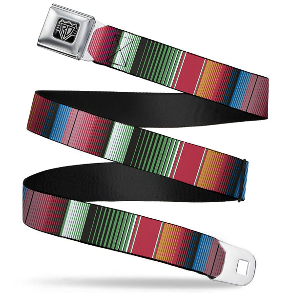 Buckle-Down BD Wings Logo CLOSE-UP Full Color Black Silver Seatbelt Belt - Zarape5 Vertical Multi Color Stripe Webbing