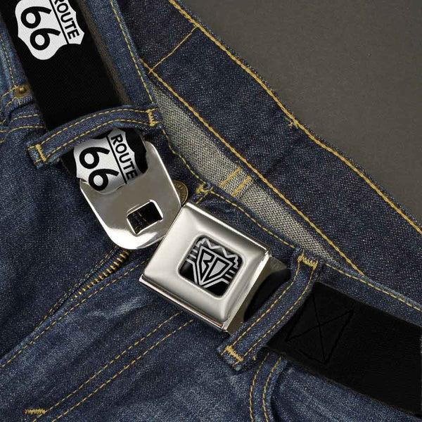 Buckle-Down BD Wings Logo CLOSE-UP Full Color Black Silver Seatbelt Belt - ROUTE 66 Highway Sign Repeat Black/White Webbing
