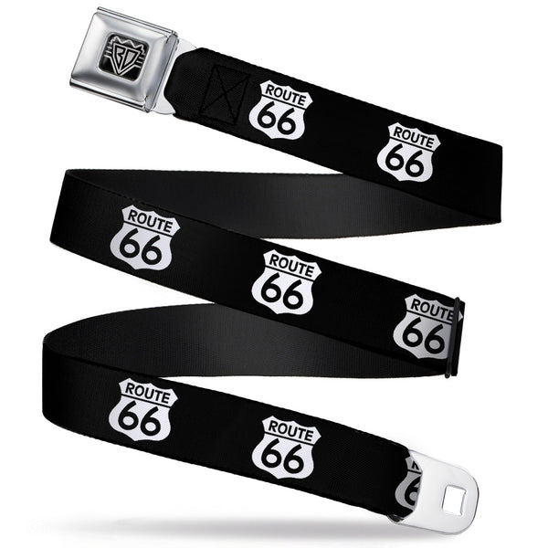 Buckle-Down BD Wings Logo CLOSE-UP Full Color Black Silver Seatbelt Belt - ROUTE 66 Highway Sign Repeat Black/White Webbing