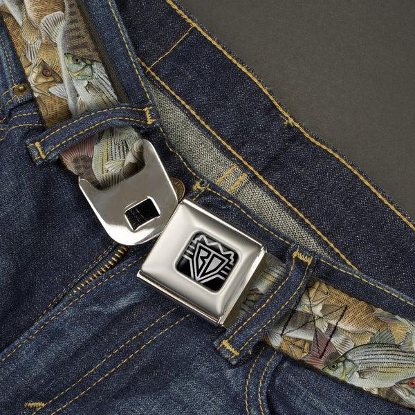 Buckle-Down BD Wings Logo CLOSE-UP Full Color Black Silver Seatbelt Belt - Fishes Stacked Webbing