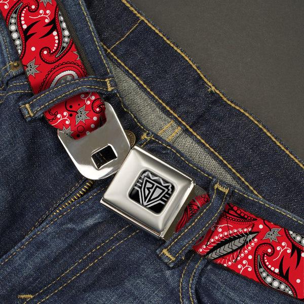 Buckle-Down BD Wings Logo CLOSE-UP Full Color Black Silver Seatbelt Belt - Floral Paisley3 Red/Black/Gray/White Webbing