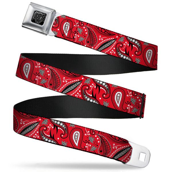 Buckle-Down BD Wings Logo CLOSE-UP Full Color Black Silver Seatbelt Belt - Floral Paisley3 Red/Black/Gray/White Webbing