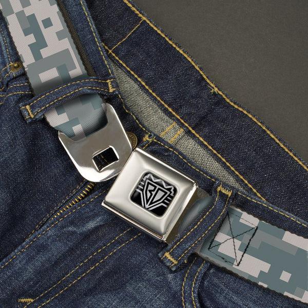 Buckle-Down BD Wings Logo CLOSE-UP Full Color Black Silver Seatbelt Belt - Digital Camo2 Grays Webbing