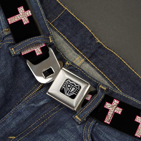 Buckle-Down BD Wings Logo CLOSE-UP Full Color Black Silver Seatbelt Belt - Cross Repeat Black/Leopard Brown/Pink Outline Webbing