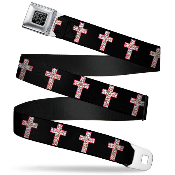 Buckle-Down BD Wings Logo CLOSE-UP Full Color Black Silver Seatbelt Belt - Cross Repeat Black/Leopard Brown/Pink Outline Webbing