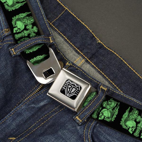 Buckle-Down BD Wings Logo CLOSE-UP Full Color Black Silver Seatbelt Belt - BD Skulls W/Wings Black/Green Webbing