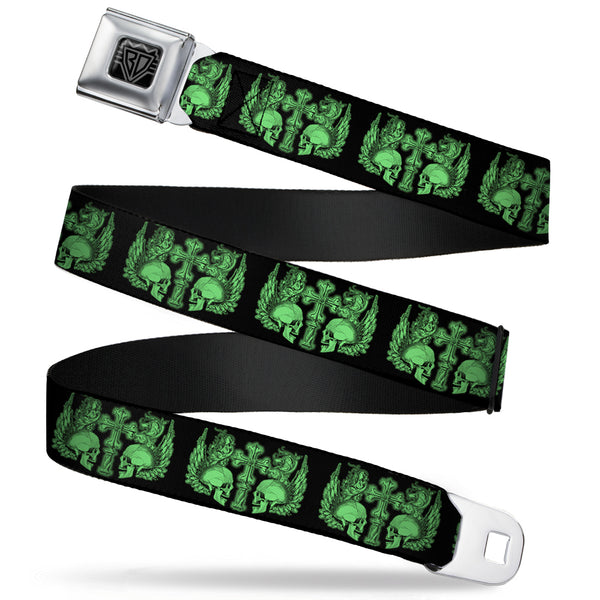Buckle-Down BD Wings Logo CLOSE-UP Full Color Black Silver Seatbelt Belt - BD Skulls w/Wings Black/Green Webbing