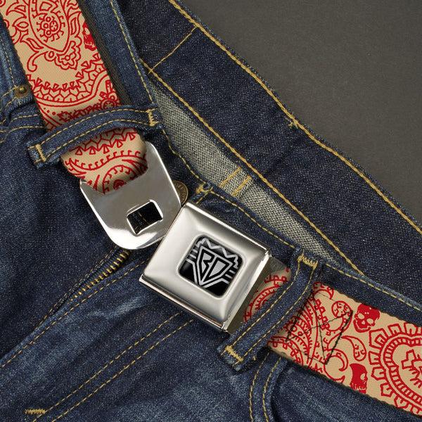 Buckle-Down BD Wings Logo CLOSE-UP Full Color Black Silver Seatbelt Belt - Bandana/Skulls Gold/Scarlet Red Webbing