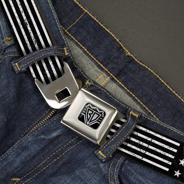 Buckle-Down BD Wings Logo CLOSE-UP Full Color Black Silver Seatbelt Belt - Americana Stars & Stripes2 Weathered Black/White Webbing