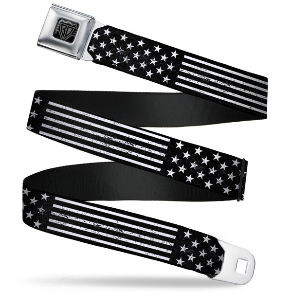 Buckle-Down BD Wings Logo CLOSE-UP Full Color Black Silver Seatbelt Belt - Americana Stars & Stripes2 Weathered Black/White Webbing