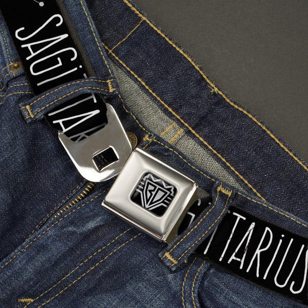 Buckle-Down BD Wings Logo CLOSE-UP Full Color Black Silver Seatbelt Belt - Zodiac SAGITTARIUS/Constellation Black/White Webbing
