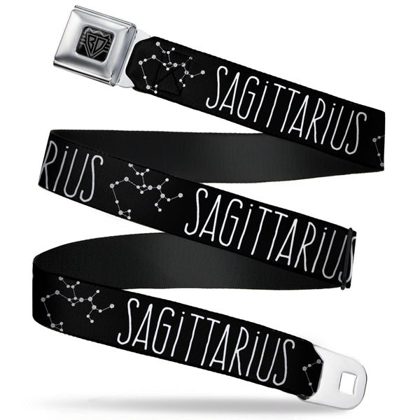 Buckle-Down BD Wings Logo CLOSE-UP Full Color Black Silver Seatbelt Belt - Zodiac SAGITTARIUS/Constellation Black/White Webbing