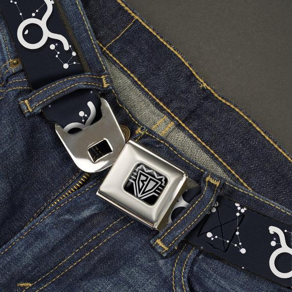Buckle-Down BD Wings Logo CLOSE-UP Full Color Black Silver Seatbelt Belt - Zodiac Taurus Symbol/Constellations Black/White Webbing