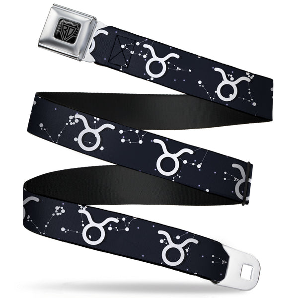 Buckle-Down BD Wings Logo CLOSE-UP Full Color Black Silver Seatbelt Belt - Zodiac Taurus Symbol/Constellations Black/White Webbing