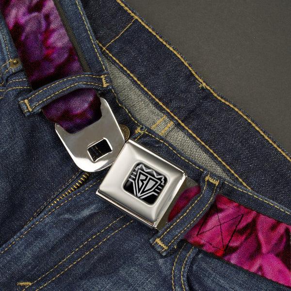 Buckle-Down BD Wings Logo CLOSE-UP Full Color Black Silver Seatbelt Belt - Vivid Floral Collage Pinks Webbing