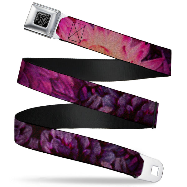 Buckle-Down BD Wings Logo CLOSE-UP Full Color Black Silver Seatbelt Belt - Vivid Floral Collage Pinks Webbing