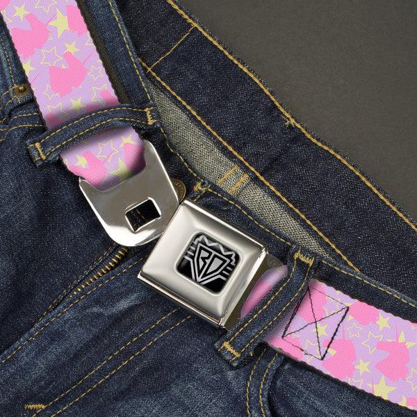 Buckle-Down BD Wings Logo CLOSE-UP Full Color Black Silver Seatbelt Belt - Unicorn Icon Monogram/Stars Lavender/Yellow/Pink Webbing