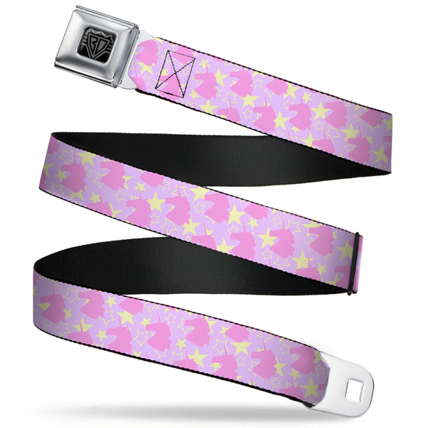 Buckle-Down BD Wings Logo CLOSE-UP Full Color Black Silver Seatbelt Belt - Unicorn Icon Monogram/Stars Lavender/Yellow/Pink Webbing